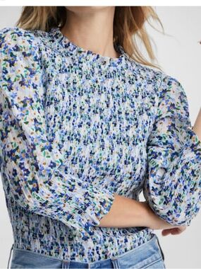 Veronica Beard Kali Smocked Floral Long-Sleeve Blouse in Blue Multi Size 2